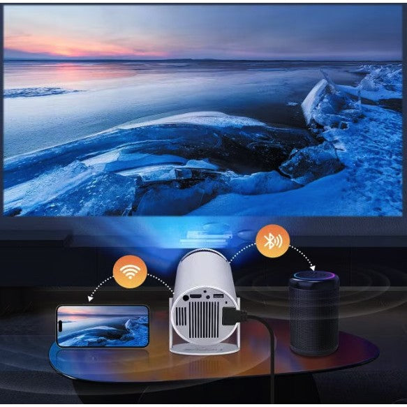 Video Proiector Portabil cilindric HY300, Vivimall, Inteligent, HD 1280×720, Wireless, Compatibil cu Android/iOS, 18 x 11 x 6 cm, Alb - vivimall.ro