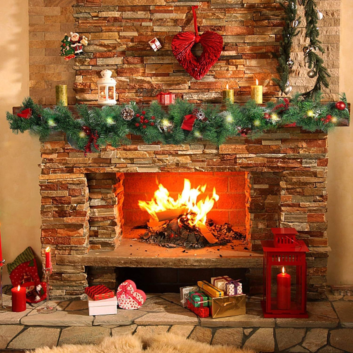 Ghirlanda de Craciun, Vivimall, din Brad Artificial cu Decoratiuni, cu Baterii, 30 LED-uri, 180 cm, Verde - vivimall.ro