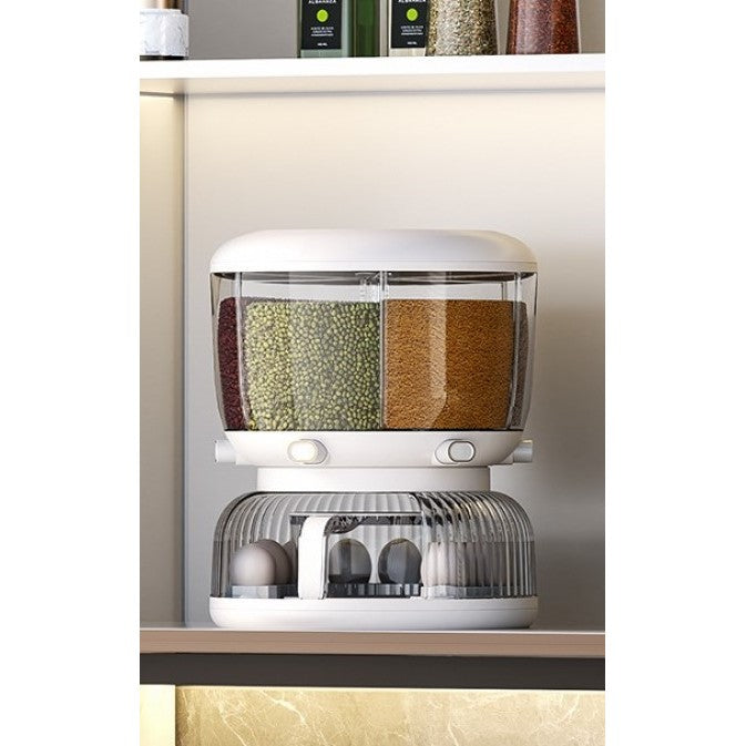 Dozator etajat de cereale Vivimall, rotativ 360, 6 compartimente, capacitate 10L, cofrag special pentru oua, vas pentru scurgerea cerealelor, 35x27.5 cm, alb - vivimall.ro