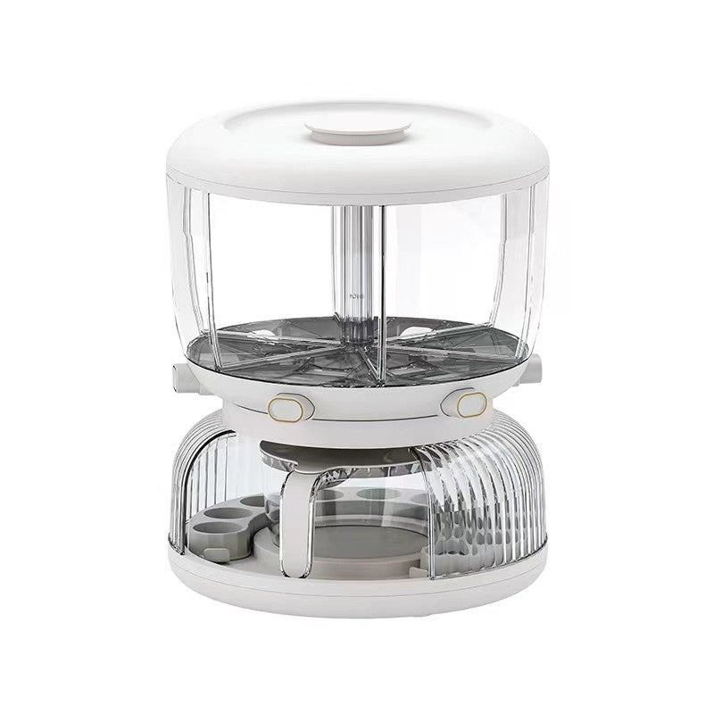 Dozator etajat de cereale Vivimall, rotativ 360, 6 compartimente, capacitate 10L, cofrag special pentru oua, vas pentru scurgerea cerealelor, 35x27.5 cm, alb - vivimall.ro