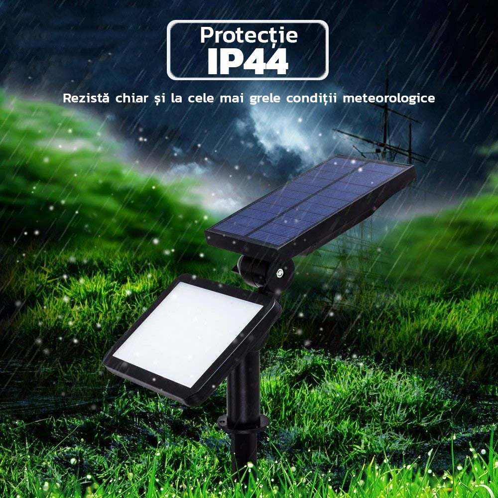 Lampa solara pentru terasa/gradina 48 de LED-uri Vivimall, cu 2 moduri de fixare, senzor de lumina, IP44, material ABS, 5W, 80 lm, 26.5 cm x 14 cm, Alb Rece - vivimall.ro