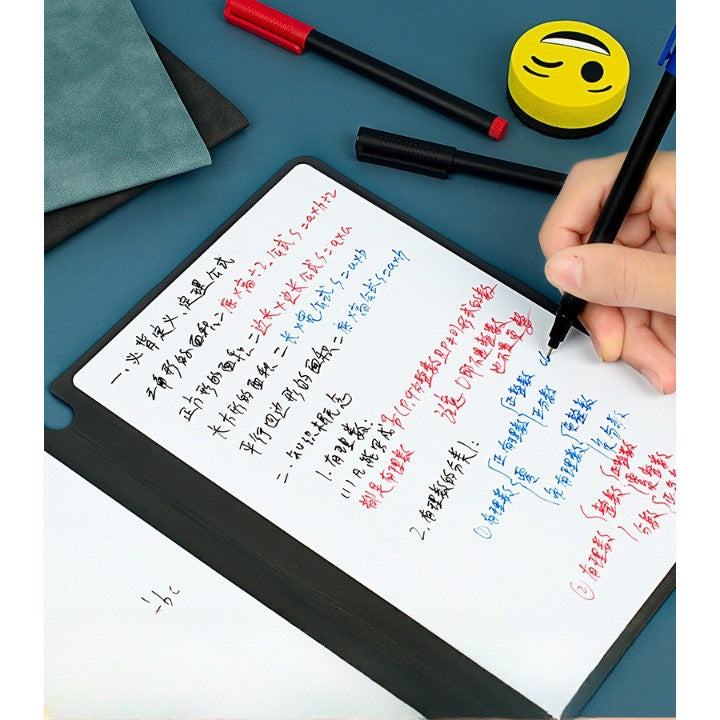 Set Agenda A5 Reutilizabila cu Pagini Tip Tabla, Agenda Pagini Albe cu Stergere Uscata, 3 Markere, 1 Burete și 1 Laveta de sters, Portabila, 24 x 16.5 cm, Coperta Piele, Albastru - vivimall.ro