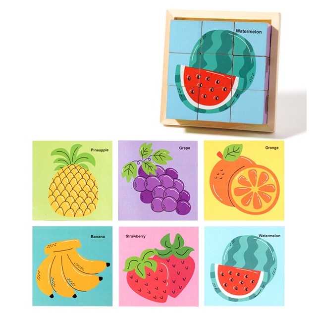 Puzzle din Lemn, Vivimall, 9 Cuburi, 6 Fete, 4-6 Ani, 11 x 11 x 3.2 cm, Model Fructe, Multicolor - vivimall.ro