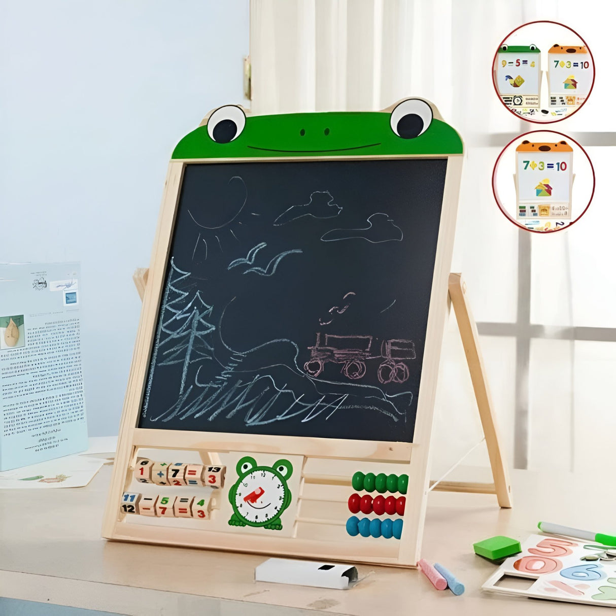 Tabla Educationala Magnetica, Flippy, Pliabila si Creativa, Litere si Cifre Magnetice, Suprafata pentru Creta si Marker, Dezvolta Creativitatea si Logica Matematica, din Lemn Natural, 3 ani+, Verde - vivimall.ro