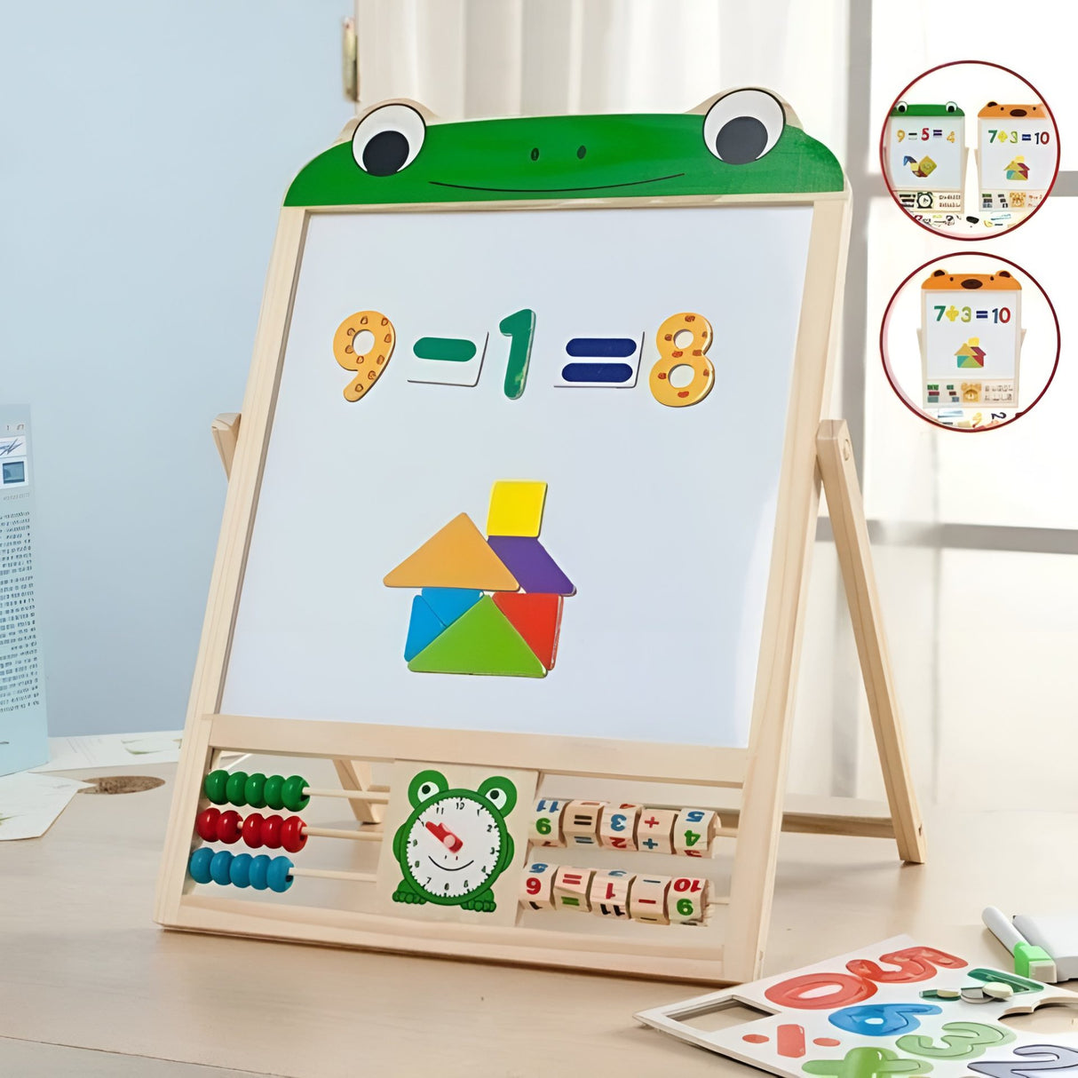 Tabla Educationala Magnetica, Flippy, Pliabila si Creativa, Litere si Cifre Magnetice, Suprafata pentru Creta si Marker, Dezvolta Creativitatea si Logica Matematica, din Lemn Natural, 3 ani+, Verde - vivimall.ro