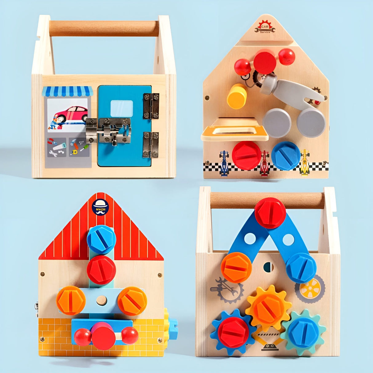 Jucarie Educativa Montessori, Flippy, Set de Unelte din Lemn, 2 in 1, Atelier Educativ in Forma de Casuta cu Maner, Dezvolta Motricitatea Fina si Logica, Materiale Eco, 16.5 x 20 cm, 3 ani+, Multicolor - vivimall.ro