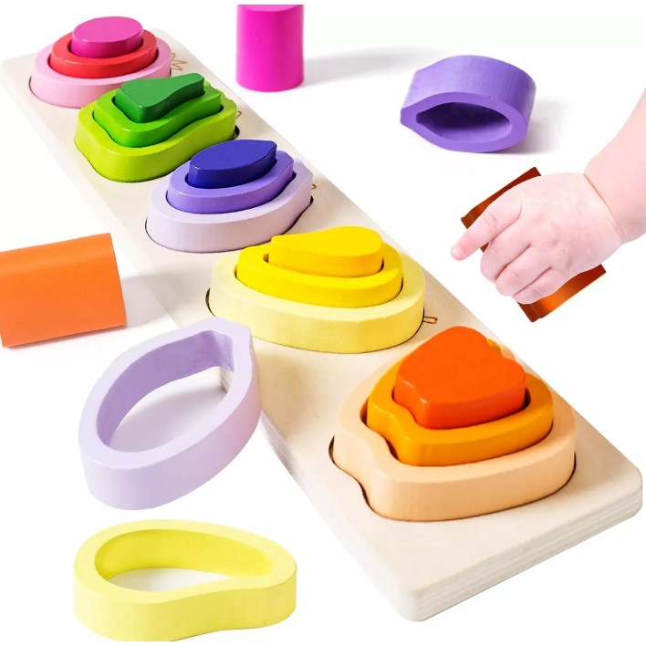 Jucarie Montessori din Lemn, Vivimall, Tip Puzzle, cu 5 Forme Asimetrice, 15 Piese, Model Fructe, Educativa, Interactiva, Creativa, Materiale Non Toxice, +2 Ani, 29x6.5 cm, Multicolor - vivimall.ro