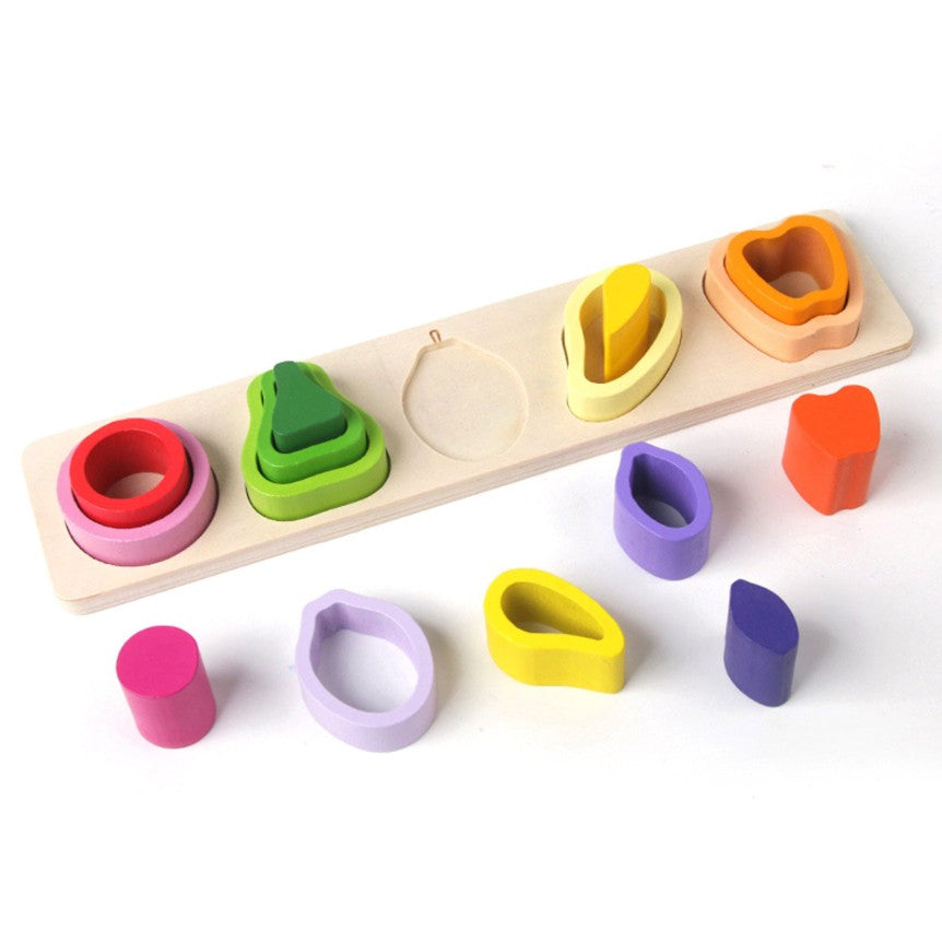 Jucarie Montessori din Lemn, Vivimall, Tip Puzzle, cu 5 Forme Asimetrice, 15 Piese, Model Fructe, Educativa, Interactiva, Creativa, Materiale Non Toxice, +2 Ani, 29x6.5 cm, Multicolor - vivimall.ro
