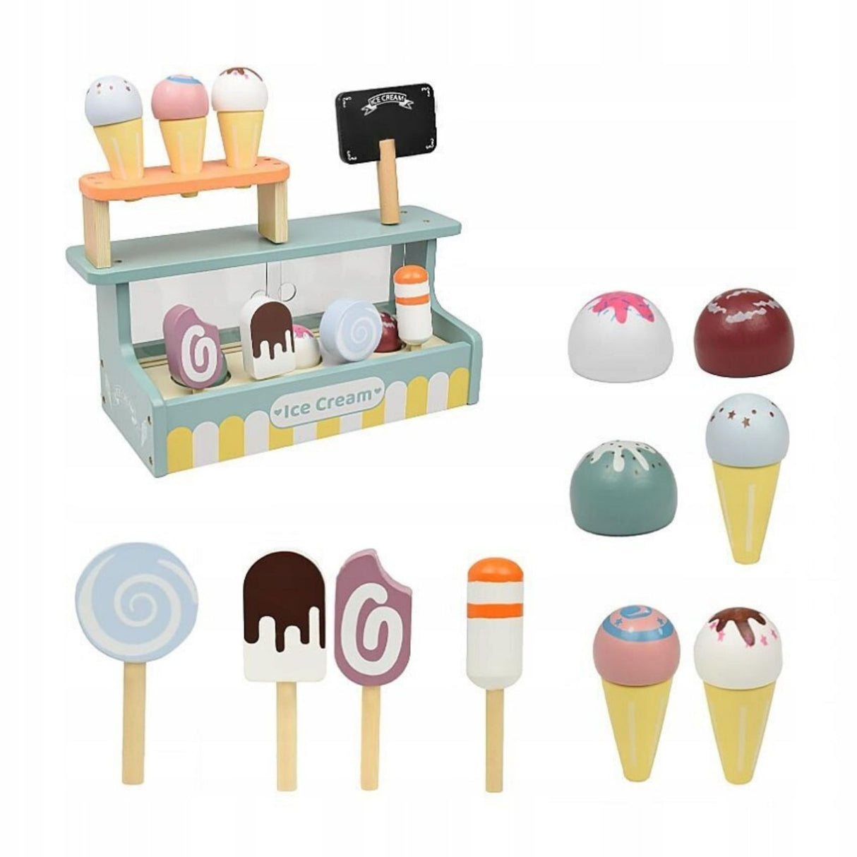 Set de Joaca Montessori, Flippy, Stand de Inghetata din Lemn cu Elemente Magnetice, Jucarie Educativa si Interactiva pentru Copii, Joc de Rol Complet, 3 ani+, Multicolor - vivimall.ro
