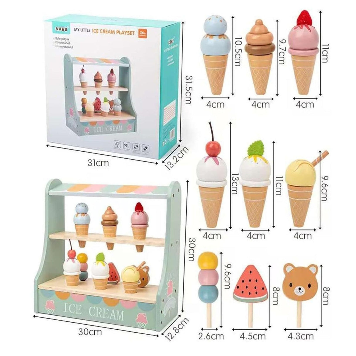 Jucarie Educativa Montessori din Lemn, Flippy, Stand de Inghetata Interactiv cu 25+ Accesorii, Include Meniu si Bani de Jucarie, Dezvolta Motricitatea si Abilitatile Sociale, 3ani+, Multicolor - vivimall.ro