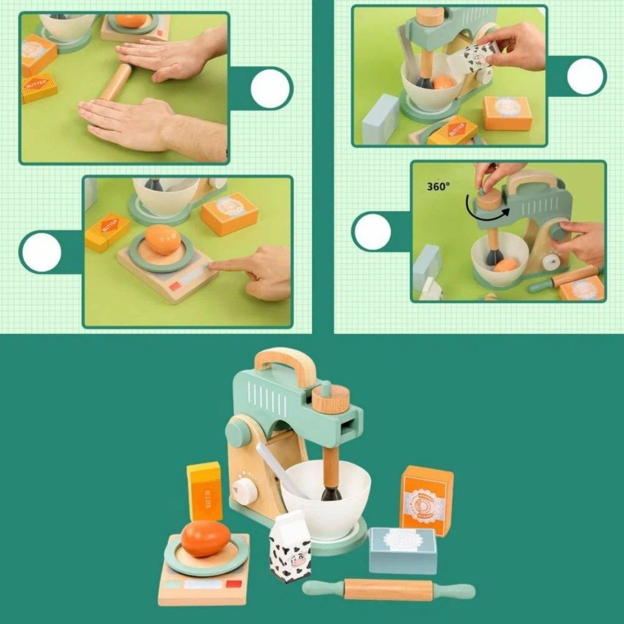 Set de Joaca Educativ, Flippy, Jucarie Montessori Interactiva pentru Gatit, Mixer de Bucatarie din Lemn, Cintar si Ingridiente, 3 ani+, Multicolor - vivimall.ro