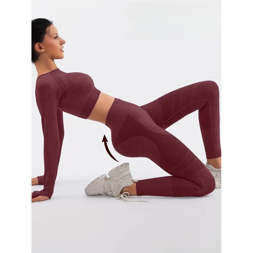 Costum Sport de Dama, Vivimall, pentru Yoga, Talie Inalta, Top Scurt, Elastic, Burgundy, Marime S - vivimall.ro