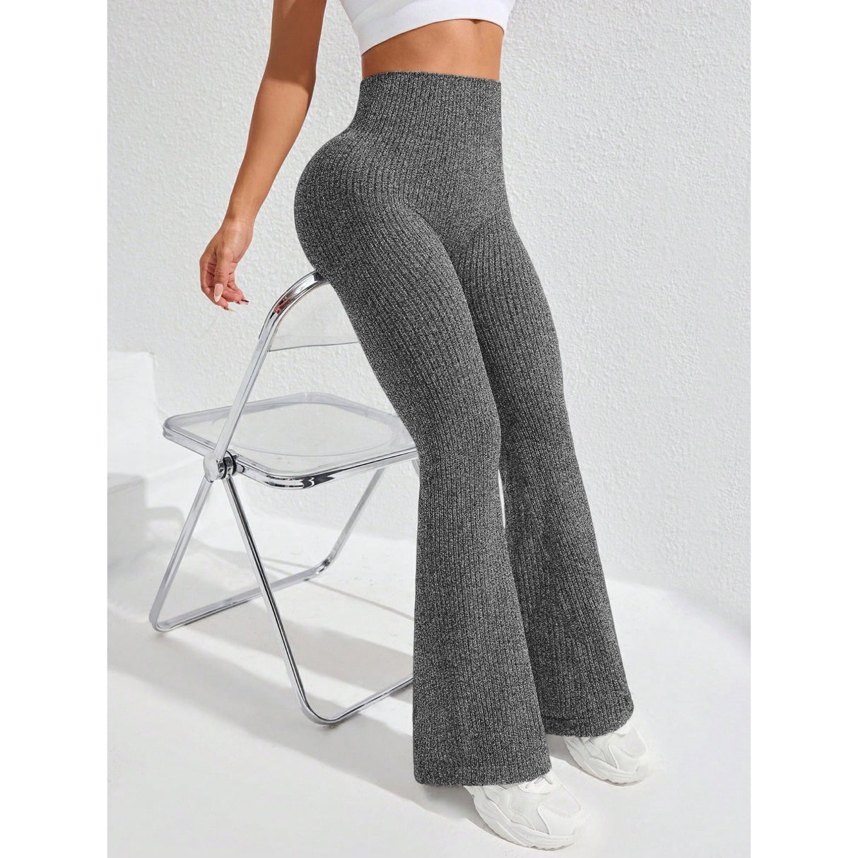 Pantaloni yoga damă Vivimall tricotați cu nervuri din spandex și nylon, vedere laterală
