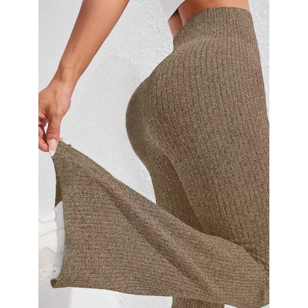 Pantaloni yoga damă Vivimall khaki, mărime M, purtați în ținută sport-casual, vedere laterală