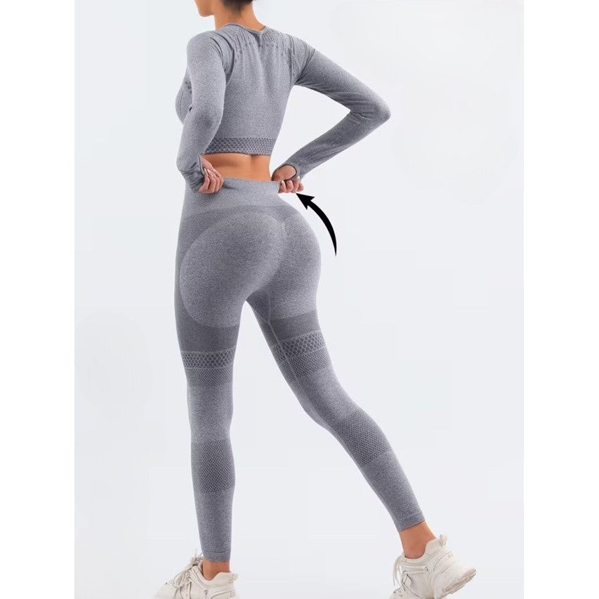 Costum Sport de Dama, Vivimall, pentru Yoga, Talie Inalta, Top Scurt, Elastic, Gri, Marime S - vivimall.ro
