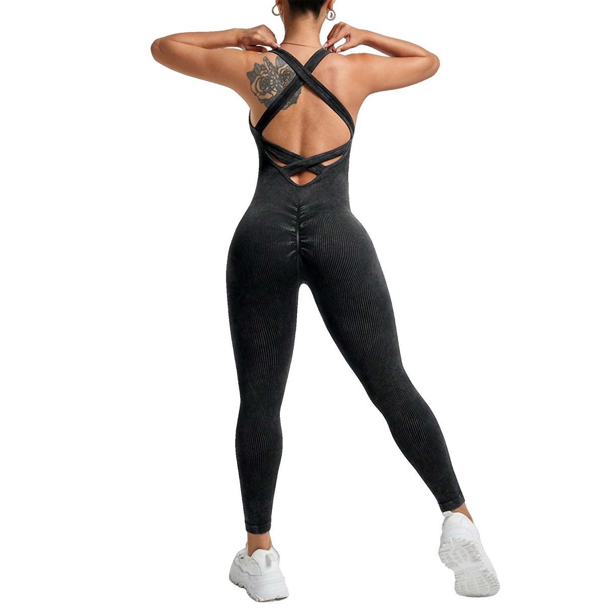 Costum sport damă Vivimall One Piece negru pentru yoga, vedere frontală, mărime S, bretele în U