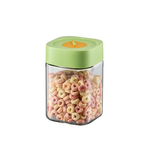 Borcan Alimentar Din Sticla Cu Capac Vid, 1000 Ml, Inchidere Ermetica Pentru Orice Tip De Produse, Design Patrat, A Cu Capac Verde