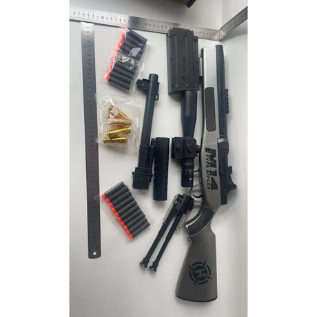 Pusca de Jucarie M14 Ultrarealista, Vivimall, Manuala, cu Luneta, 20 de Proiectile din Spuma Moale, 5 Cartuse, 100 cm, 8 ani+, Gri - vivimall.ro