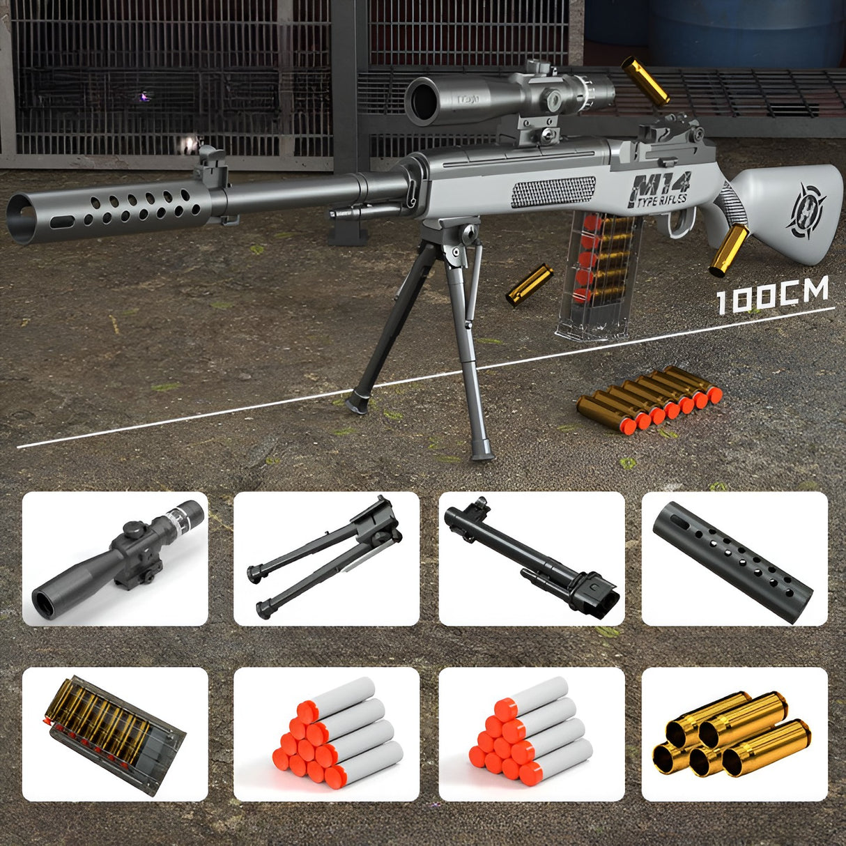 Pusca De Jucarie M14 Ultrarealista, Manuala, Cu Luneta, 20 De Proiectile Din Spuma Moale, 5 Cartuse, 100 Cm, 8 Ani+ - vivimall.ro