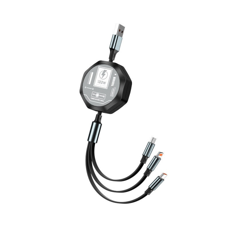 Cablu Retractabil 3in 1 pentru Telefon, Flippy, Cablu de incarcare rapida 100W, stil Mecha, potrivit pentru Auto, Universal 1.2M, Negru - vivimall.ro