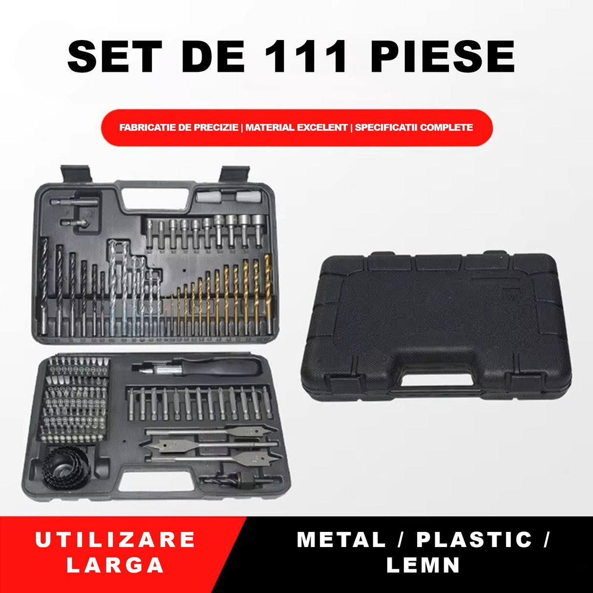 Set Scule Profesionale, Flippy, Set 111 buc, Accesorii Multifunctionale pentru Gaurire si Insurubare, Burghie Lemn, Metal, Zidarie, Cutie Transport, 30 x 20 x 6 cm, Negru - vivimall.ro