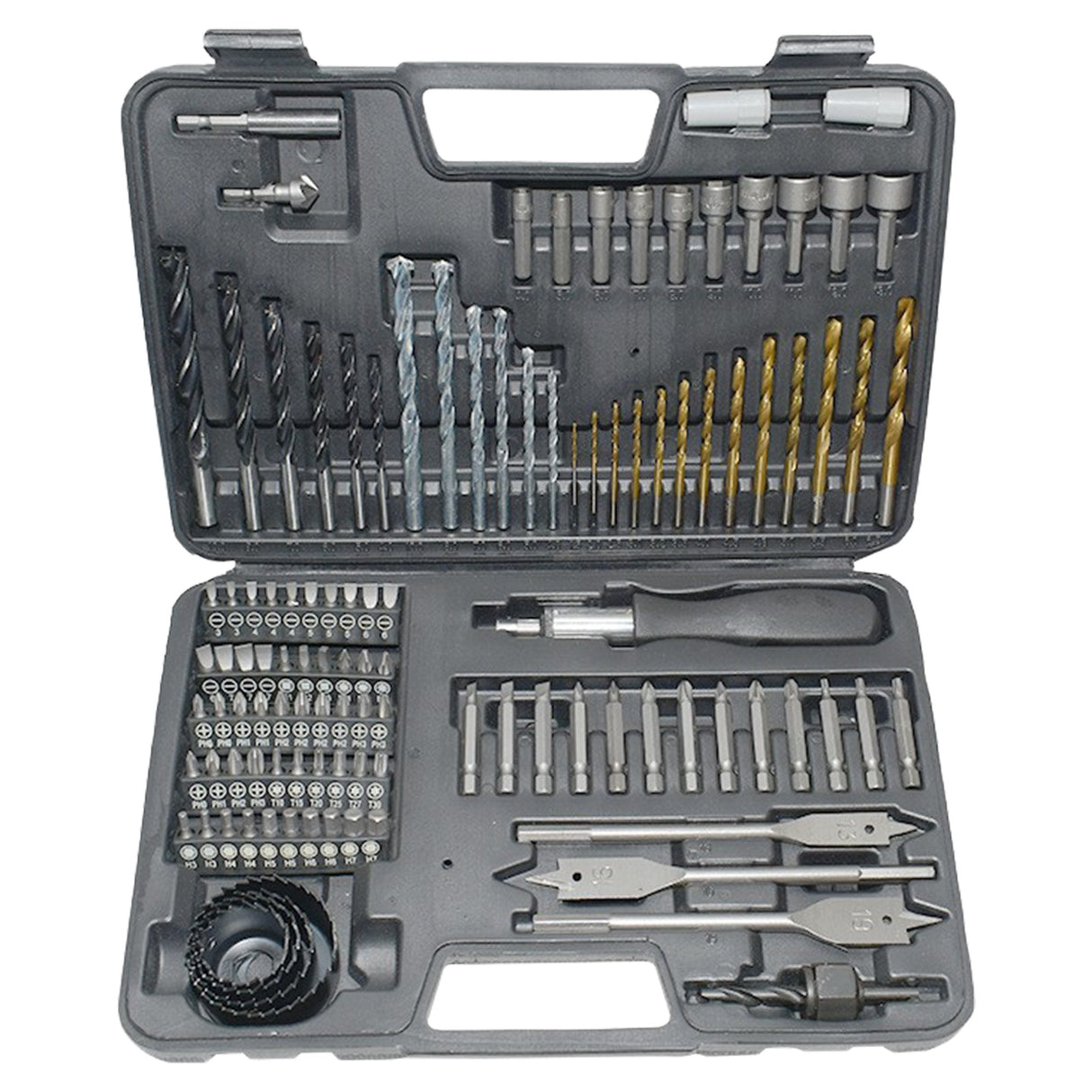 Set Scule Profesionale, Flippy, Set 111 buc, Accesorii Multifunctionale pentru Gaurire si Insurubare, Burghie Lemn, Metal, Zidarie, Cutie Transport, 30 x 20 x 6 cm, Negru - vivimall.ro