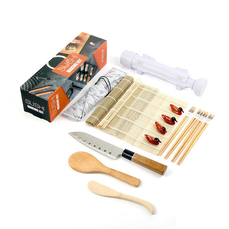 Set Ustensile Pentru Sushi, Set Din 15 Accesorii Pentru Sushi, Set Pentru Sushi Home Made, Cutit Inclus, Forme, Betisoare, Multicolor - vivimall.ro
