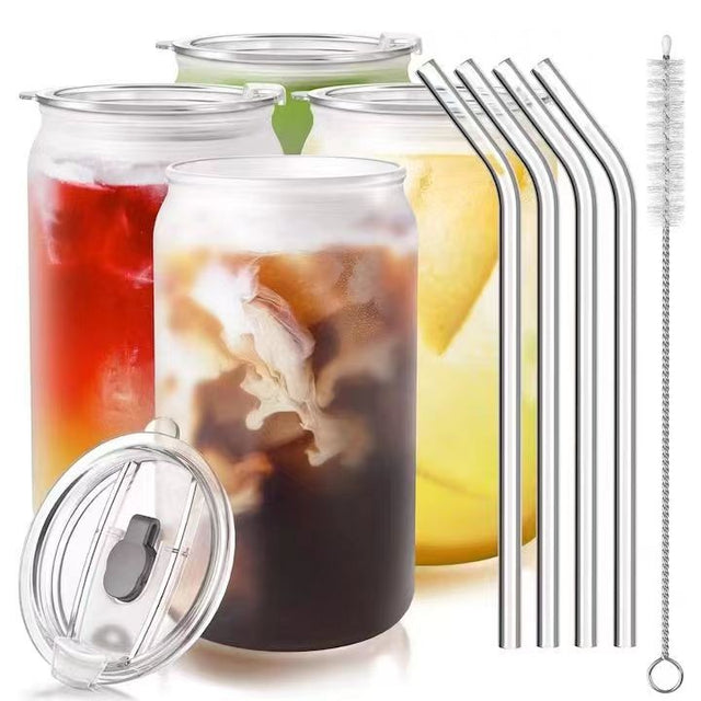 Set 4 Pahare Din Sticla, Capace Din Plastic Si Paie Incluse, 500 Ml, Transparente - vivimall.ro