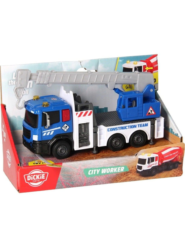 DICKIE TOYS CITY WORKER  VEHICUL DE CONSTRUCTII CU LUMINI SI SUNETE MACARA ALBASTRA 17CM