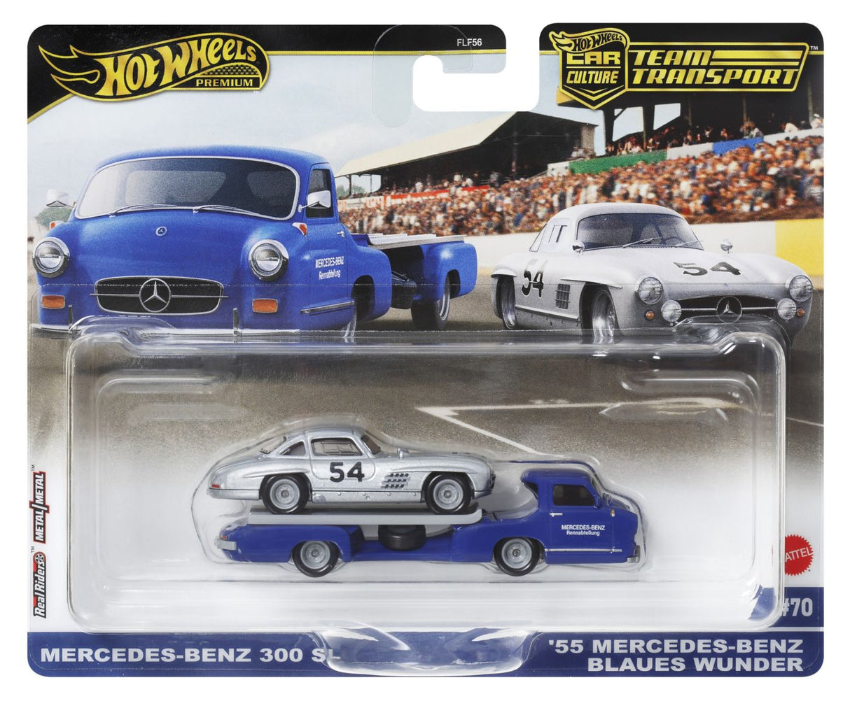 HOT WHEELS TRANSPORTATOR  MERCEDES-BENZ 55 BLAUES WUNDER CU MASINUTA MERCEDES-BENZ 300 SL SCARA 1:64