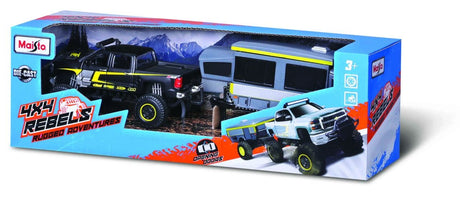 MAISTO MASINUTA METALICA 4X4 REBELS RUGGED ADVENTURES CU REMORCA NEGRU