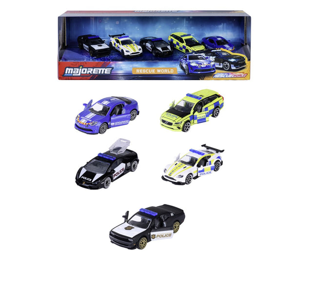 MAJORETTE SET 5 MASINUTE DE POLITIE METALICE RESCUE WORLD 7.5CM