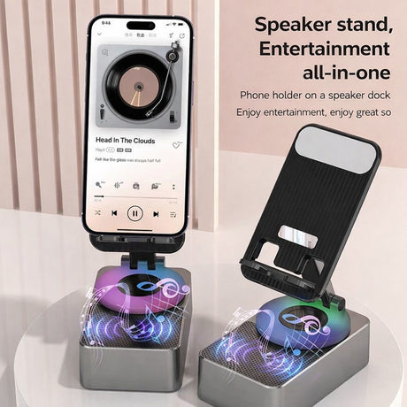 Suport Telefon cu Boxa Bluetooth, Flippy, Rotativ, Compact, Wireless, 18 x 9 cm, Negru - vivimall.ro