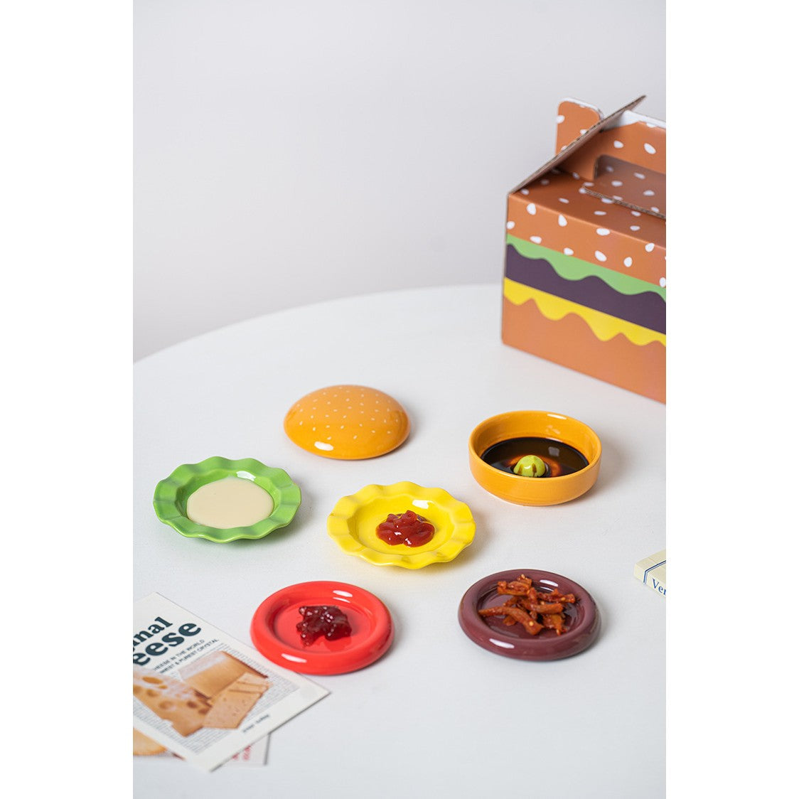 Set Farfurii Ceramice sub Forma de Burger, din Ceramica, pentru Sosuri si Gustari, Mini Farfurii Stivuibile, Multicolor - vivimall.ro