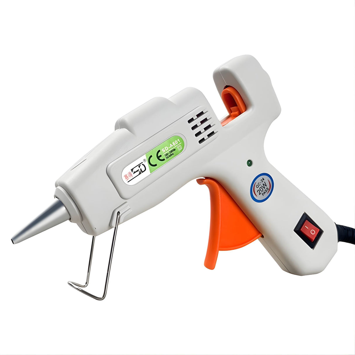 Pistol de lipit cu silicon la cald Flippy 20 W, alb, vedere frontală cu duză din aluminiu anti-picurare