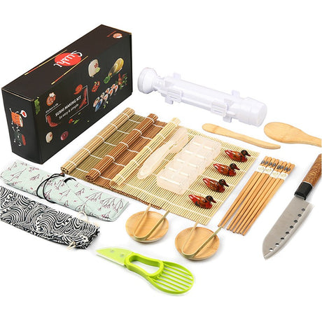 Set Ustensile Pentru Sushi, Set Din 24 Accesorii Pentru Sushi, Set Pentru Sushi Home Made, Cutit Inclus, Forme, Betisoare, Multicolor - vivimall.ro