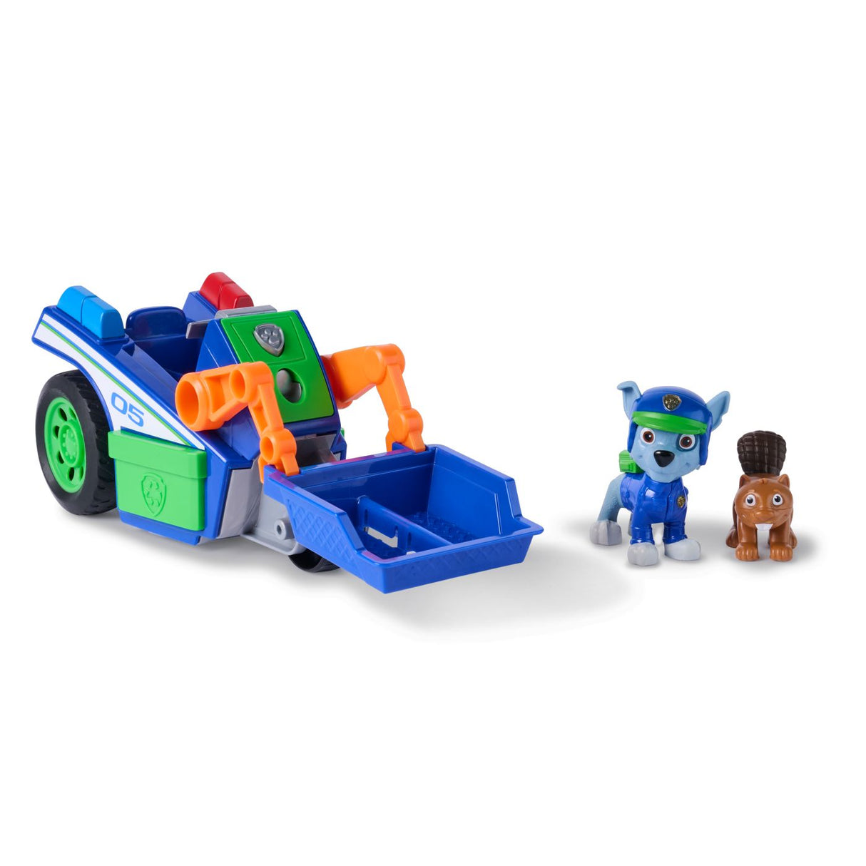 PATRULA CATELUSILOR CAUTARE SI SALVARE SET FIGURINA ROCKY SI VEHICUL DE RECICLARE