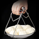 Clema pentru Boluri, Vivimall, Anti-Alunecare, din Otel Inoxidabil, Extindere, pentru Oale, Tigai, de Uz Casnic, Rezistent la Temperaturi Inalte, 19.5x9.8x8 cm, Maner Maro, Gri - vivimall.ro