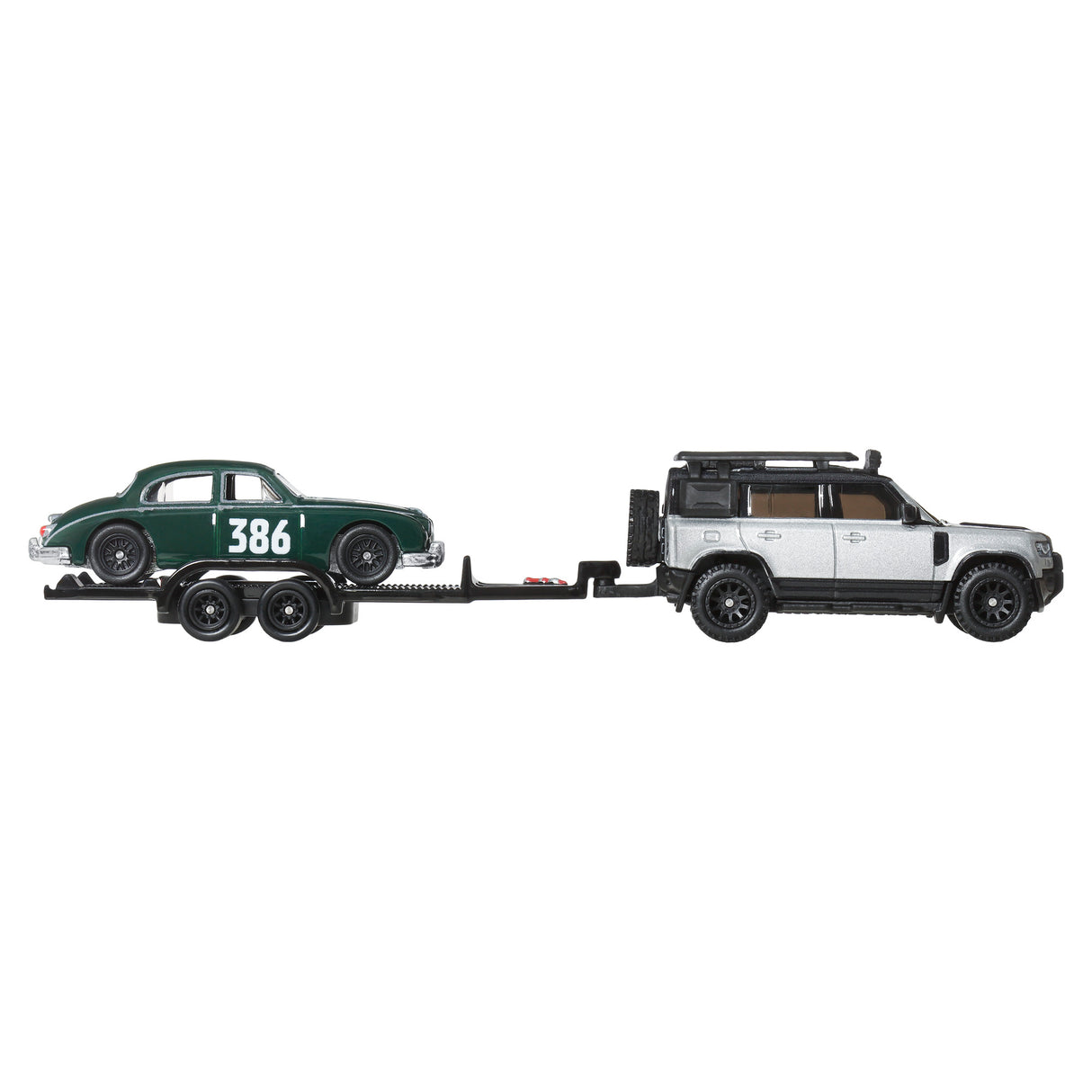HOT WHEELS TRANSPORTATOR LAND ROVER DEFENDER 110 2023 CU MASINUTA JAGUAR MK1 SCARA 1 LA 64