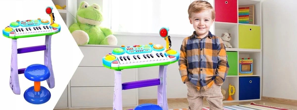 INSTRUMENT MUZICAL PIANINA ELECTRONICA MALPLAY CU SCAUN SI MICROFON 45 CM INALTIME ALBASTRU