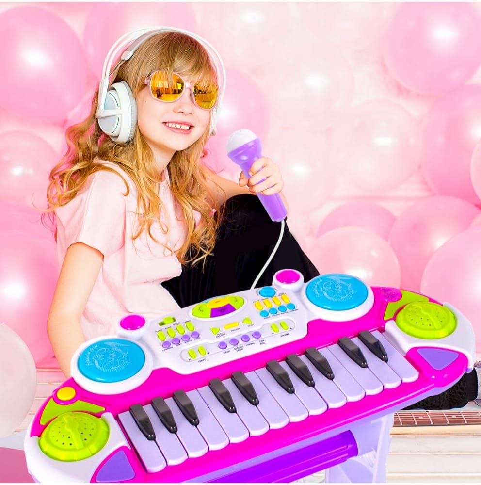 INSTRUMENT MUZICAL PIANINA ELECTRONICA MALPLAY CU SCAUN SI MICROFON 45 CM INALTIME ROZ