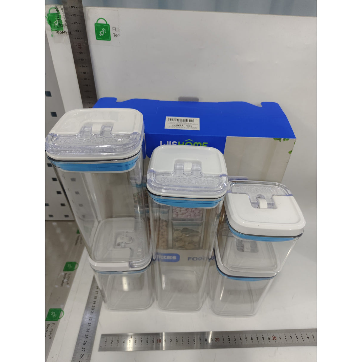 Cutii de Depozitare Alimente, Vivimall, Set din 5 Cutii de tip Container, 1x0.5 l, 2x0.8 l, 1x1.2 l, 1x1.9 l, Recipiente pentru Cereale in Bucatarie,  Transparente cu Capac Albastru-Alb - vivimall.ro