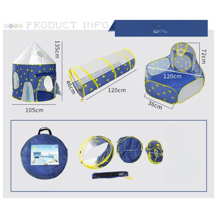 Set de Joaca pentru Copii, Vivimall, Model Racheta Spatiala, Set din 4 piese: Cort, Piscina cu Cos de Baschet, Tunel si Geanta de Transport, din Poliester, 135 x 105 x 105 cm, Albastru - vivimall.ro