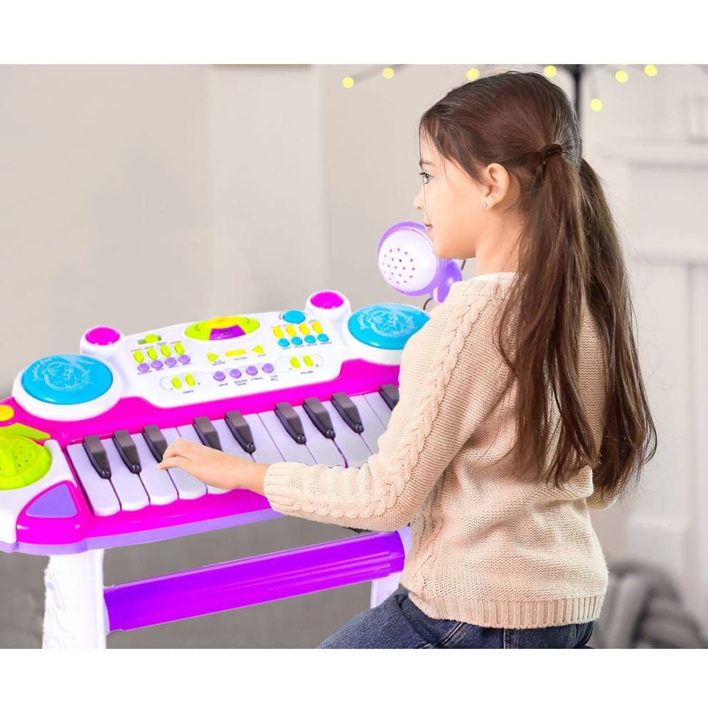 INSTRUMENT MUZICAL PIANINA ELECTRONICA MALPLAY CU SCAUN SI MICROFON 45 CM INALTIME ROZ