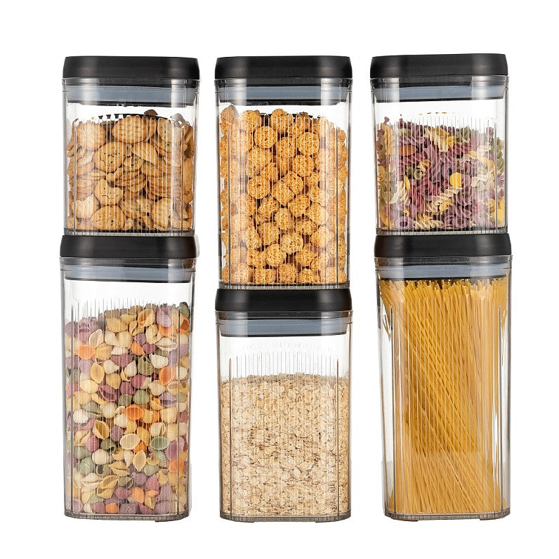 Cutii de Depozitare Alimente, Vivimall, Set din 6 Cutii de tip Container, Recipiente pentru Cereale in Bucatarie,  Transparente cu Capac Negru - vivimall.ro