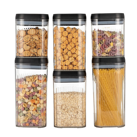 Cutii de Depozitare Alimente, Vivimall, Set din 6 Cutii de tip Container, Recipiente pentru Cereale in Bucatarie,  Transparente cu Capac Negru - vivimall.ro