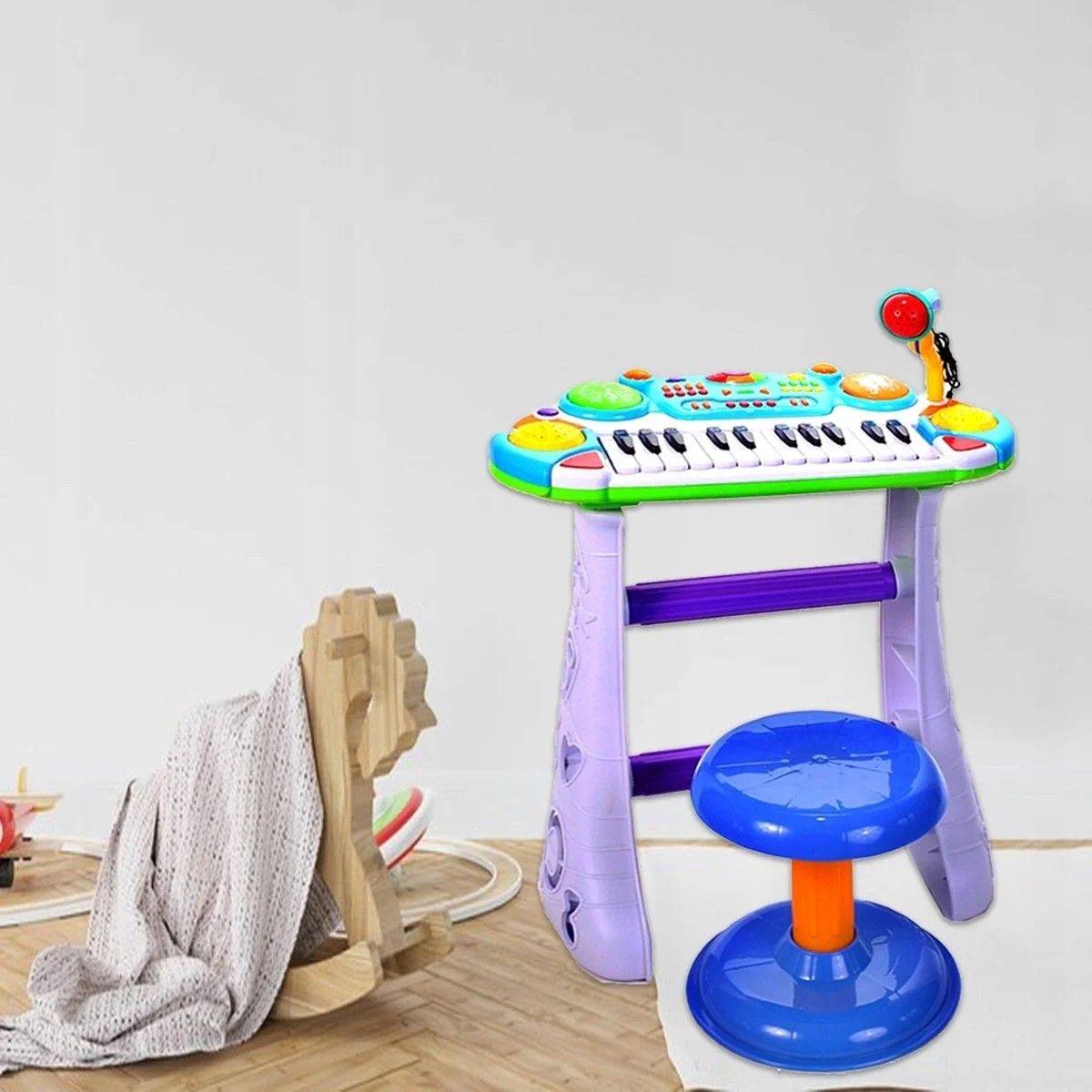 INSTRUMENT MUZICAL PIANINA ELECTRONICA MALPLAY CU SCAUN SI MICROFON 45 CM INALTIME ALBASTRU