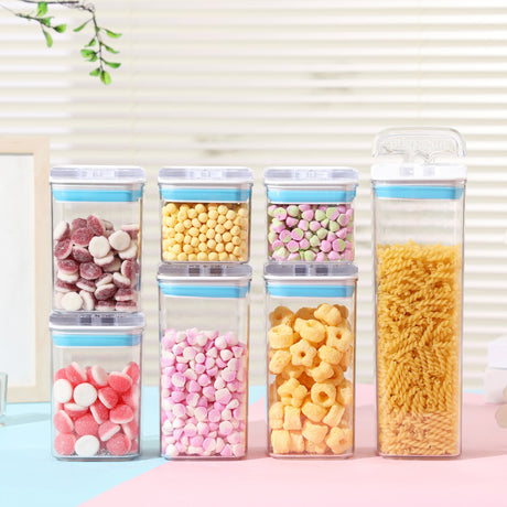 Cutii de Depozitare Alimente, Vivimall, Set din 7 Cutii de tip Container, 2x0.5 l, 2x0.8 l, 2x1.2 l, 1x1.9 l, Recipiente pentru Cereale in Bucatarie,  Transparente cu Capac Albastru-Alb - vivimall.ro