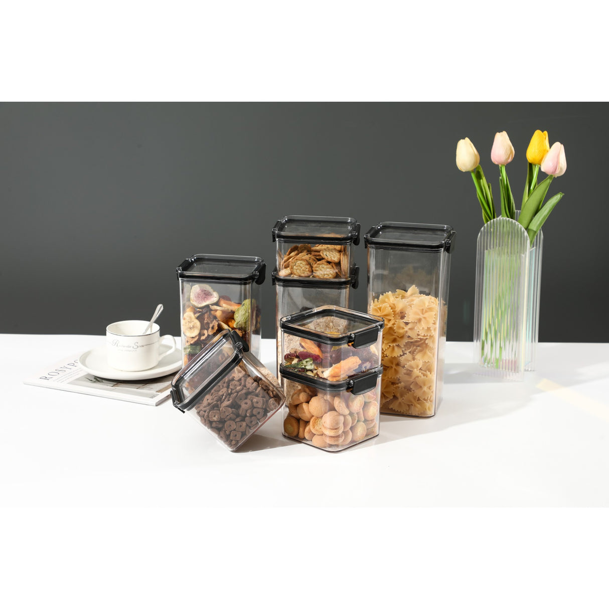 Set 8 Recipiente Din Plastic, Pentru Alimente/Obiecte, Inchidere Ermetica, 2 X 460 Ml, 3 X 700 Ml, 2 X 1300 Ml, 1 X 1800 Ml, Transparent - vivimall.ro