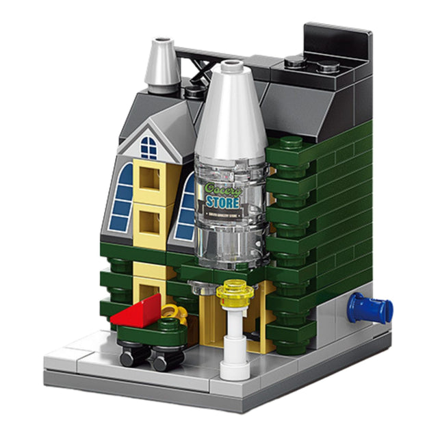Set de construcție Flippy STEM 103 piese, model 3D Strada Comercială Europeană, vedere frontală, culori verde și gri